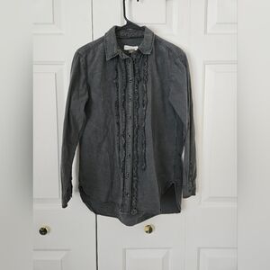 Anthropologie Pilcro Juni Gray Ruffle Denim Button Down Shirt Size XS
